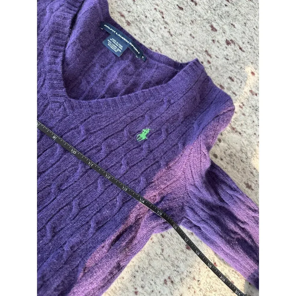 Vintage Ralph Lauren Sport Purple V-Neck Cable Knit Lambwool Academia Sweater M